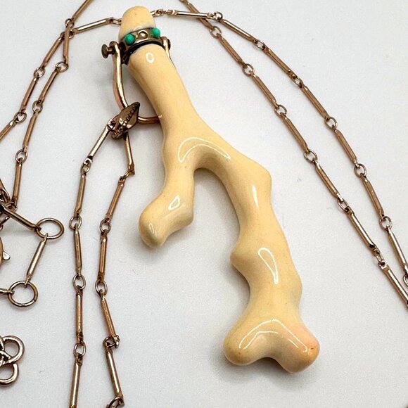 Porcelain Coral Branch Pendant Necklace Long Gold Chain - Picture 3 of 11